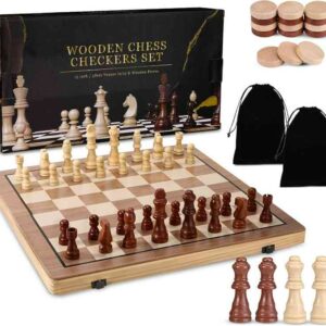 wooden international chess and checkers set 29cm width